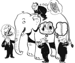 Four blindfolded man, each touching the same elephant, each getting a different impression
